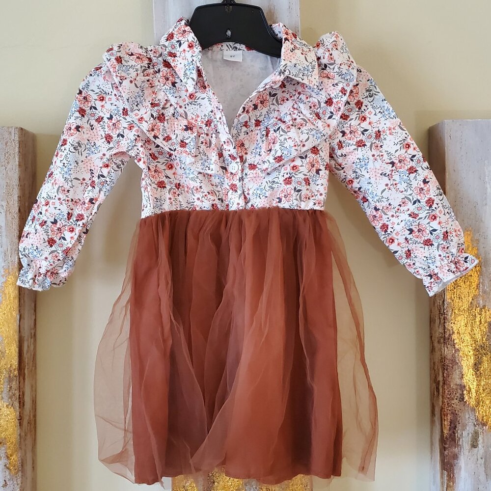 Tween Girls Floral Print Rust Tulle Dress with Woven Belt SZ 5Y